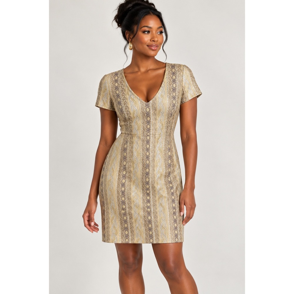 Trina Turk Metallic Lurex Brocade Sheath Dress Gold Silver Size 6 Made USA